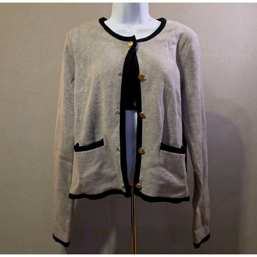 TRUTH Womens XL Cardigan Sweater Jacket Gold Buttons Black Trim Quiet Luxury